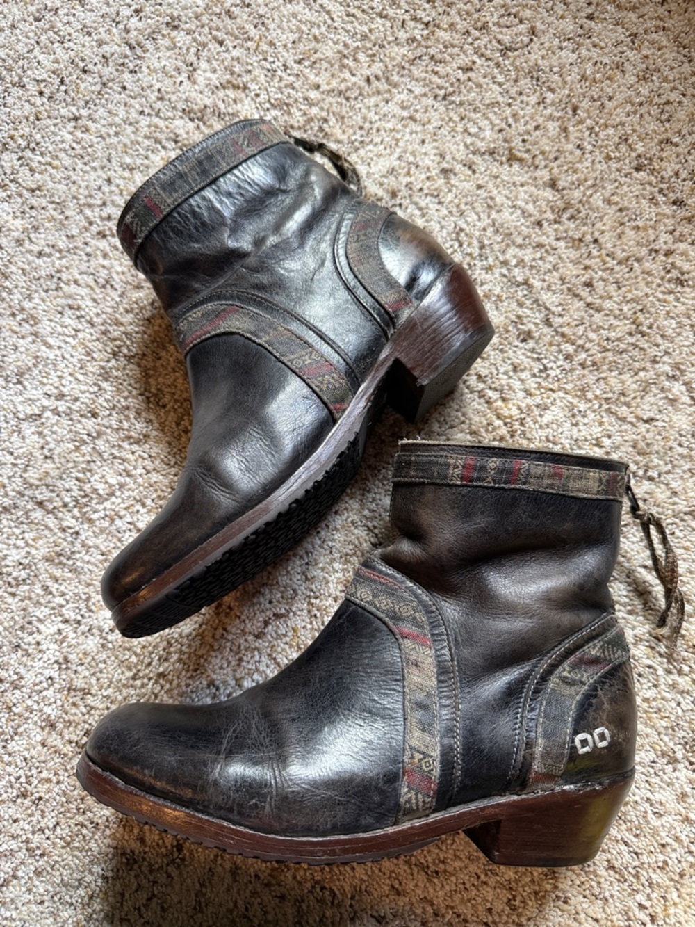Bed Stu Black Leather Ankle Booties with Woven Trim